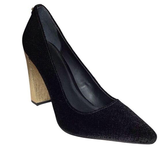 Calvin Klein Neema Pump Shoes Black Velour Gold 4” Heel Pointed Toe Size 7 1/2 - Picture 1 of 9